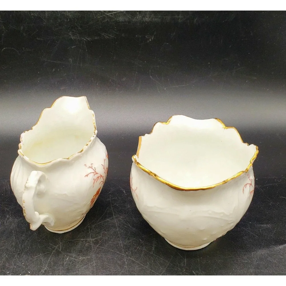 Vintage Embossed Porcelain Creamer & Open Sugar Bowl Set 4
